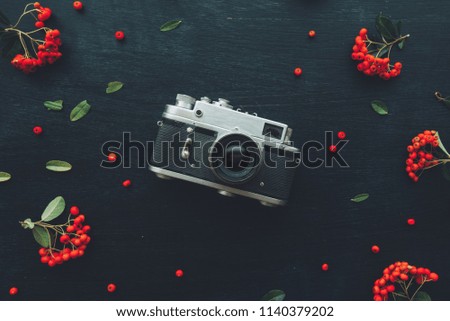 Flat lay hipster style old vintage photography camera on dark wooden background with floral arrangement
