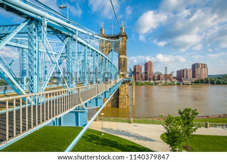 The John A. Roebling Suspension Bridge, seen from Smale Riverfront Park, in Cincinnati, Ohio.