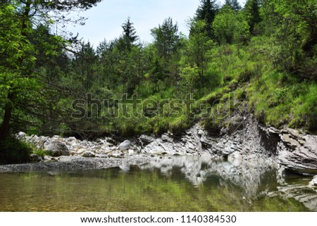 Geological site of Brent de l'Art: canyons carved into the rock by the river Ardo, in Valbelluna, Belluno, Italy. Royalty-Free Stock Photo #1140384530