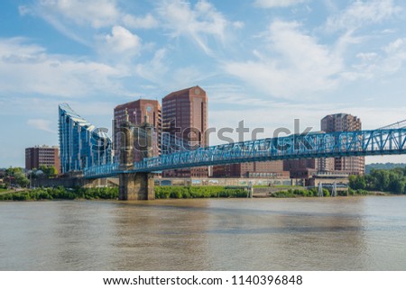 The skyline of Covington and John A. Roebling Suspension Bridge, in Cincinnati, Ohio