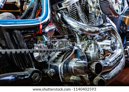 Engine close up shot of beautiful and custom made motorcycle
