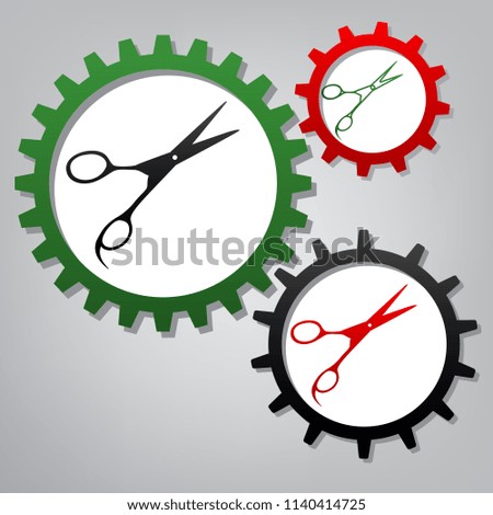 Hair cutting scissors sign. Vector. Three connected gears with icons at grayish background.