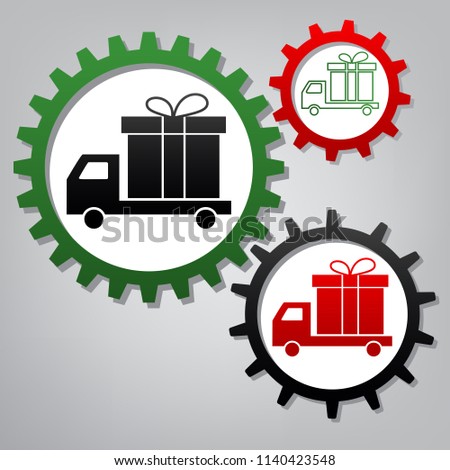 Delivery gift sign. Vector. Three connected gears with icons at grayish background.