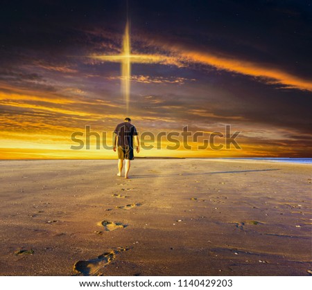 Path going to christian cross . Christian cross against the sky . Walk to the cross . way to new life Royalty-Free Stock Photo #1140429203