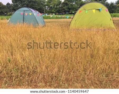 Two tents joined with flag buntings on dried brown grass campground with row of green trees on top of picture
