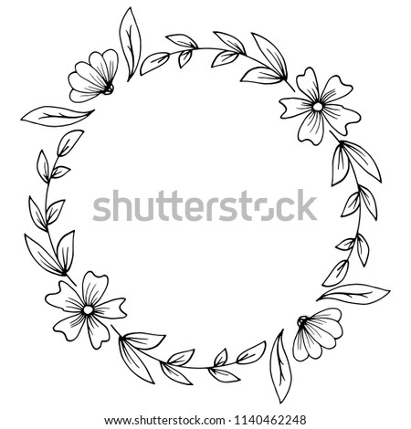 Floral frame composed in a circle. Hand drawn plants and flowers. Sketched style, monochrome vector illustration.