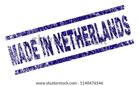 MADE IN NETHERLANDS stamp seal watermark with scratced style. Blue vector rubber print of MADE IN NETHERLANDS label with retro texture. Text label is placed between parallel lines.