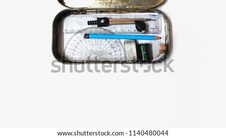 old Geometry Box Set with Ruler, Protractor, Mechanical Pencil Compass box with copy space free image