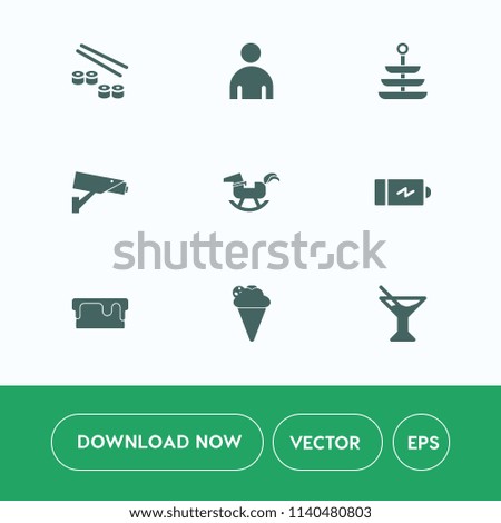 Modern, simple vector icon set on white background with energy, baby, japanese, horse, surveillance, drink, seafood, dinner, pie, fashion, toy, cream, sweet, boy, cocktail, rice, male, salmon icons