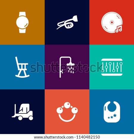 Modern, simple vector icon set on colorful flat backgrounds with instrument, furniture, interior, audio, abstract, screen, trumpet, bath, water, transportation, musical, toy, album, time, gadget icons