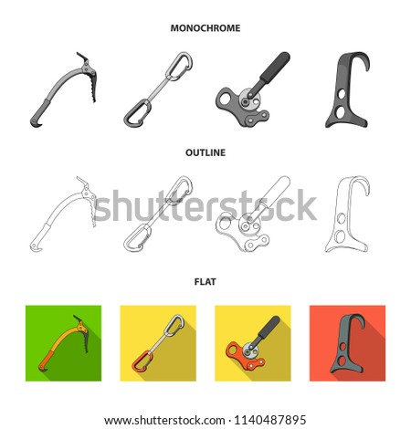 Hook, mountaineer harness, insurance and other equipment.Mountaineering set collection icons in flat,outline,monochrome style bitmap symbol stock illustration web.