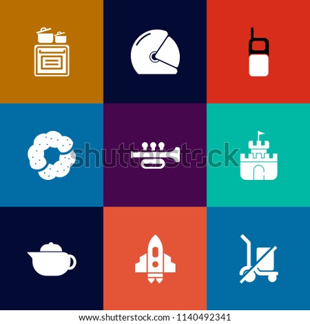 Modern, simple vector icon set on colorful flat backgrounds with domestic, background, cake, sound, helmet, sweet, spaceship, scale, cooking, cook, modern, kitchen, communication, rider, oven icons