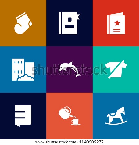 Modern, simple vector icon set on colorful flat backgrounds with baby, people, address, paper, building, favorite, clothes, child, tea, business, web, shirt, dolphin, estate, nature, clothing icons