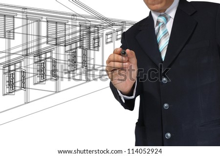 Hand of Business Man or Architect Draw 3D architectural home plan