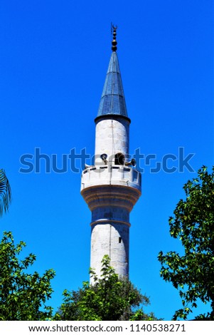 The Minaret of the Mosque in the centre of Dalyan town, Turkey.