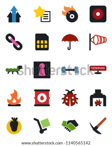 Color and black flat icon set - female vector, wind, lady bug, fire, caterpillar, barbell, real heart, cargo, umbrella, oil barrel, flame disk, chain, favorites list, rec button, sim, fireplace