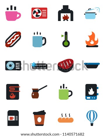 Color and black flat icon set - hot cup vector, coffee machine, fire, fireplace, air conditioner, bread, steak, dog, bowl, steaming pan, turkish, water heater, thermometer, balloon