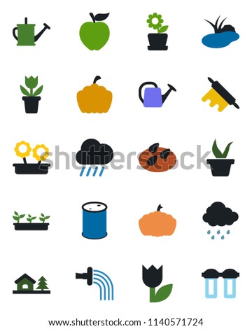 Color and black flat icon set - flower in pot vector, seedling, watering can, rain, pumpkin, seeds, pond, tulip, oil barrel, house with tree, rolling pin, apple fruit, water filter