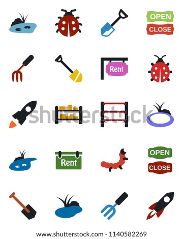 Color and black flat icon set - job vector, garden fork, shovel, lady bug, caterpillar, pond, rack, rent, open close, rocket