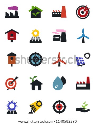 Color and black flat icon set - factory vector, bird house, target, sun panel, windmill, eco, water, palm sproute