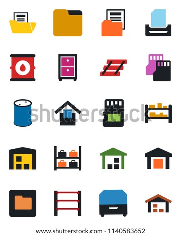 Color and black flat icon set - luggage storage vector, warehouse, oil barrel, rack, sd, folder, document, paper tray, archive box