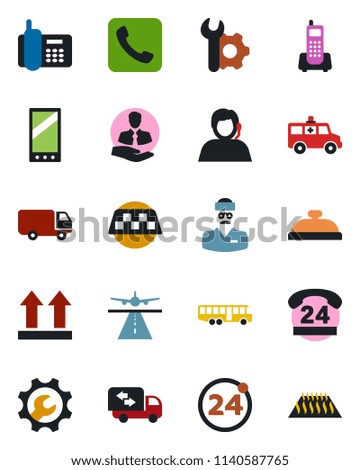 Color and black flat icon set - runway vector, taxi, airport bus, 24 around, ambulance car, doctor, office phone, hours, support, client, delivery, up side sign, mobile, call, root setup, moving