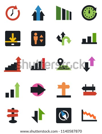 Color and black flat icon set - elevator vector, signpost, right arrow, growth statistic, route, navigation, sorting, data exchange, download, compass, bar graph, up, clock, crisis