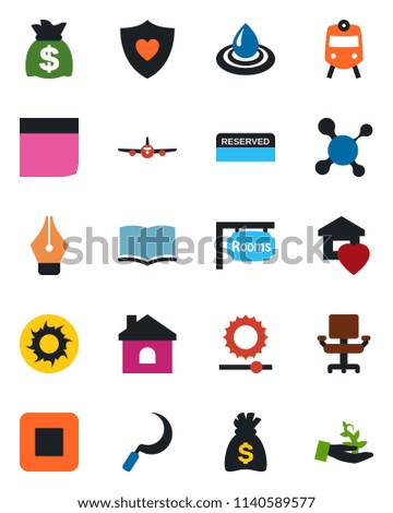 Color and black flat icon set - train vector, plane, book, money bag, house, sun, sickle, molecule, heart shield, stop button, brightness, ink pen, office chair, blank box, rooms, sweet home, water