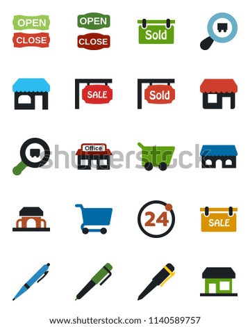 Color and black flat icon set - 24 around vector, shop, pen, store, search cargo, sale, sold signboard, cafe building, open close, cart, storefront