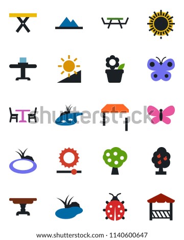 Color and black flat icon set - cafe vector, sun, flower in pot, butterfly, lady bug, pond, picnic table, brightness, fruit tree, mountains, restaurant, alcove