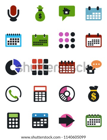 Color and black flat icon set - right arrow vector, calendar, circle chart, microphone, menu, calculator, phone, home message, money bag
