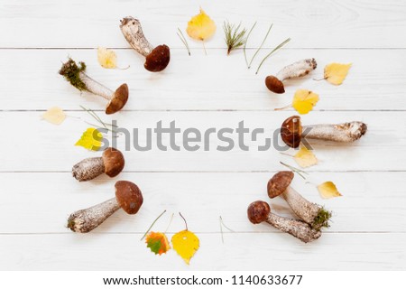 White textured wooden background with autumn wreath, copy space