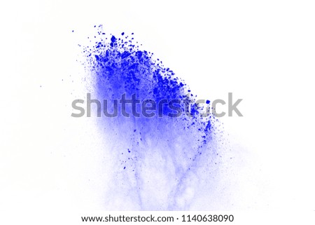 Abstract of blue powder explosion on white background. Blue powder splatted isolate. Colored cloud. Colored dust explode. Paint Holi.