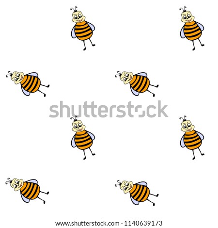 Drawn cartoon bee repeating pattern. Vector background with cute and colorful insect doodle for wallpapers, wrapping paper, textile or fabric, book, brochure or comics. Animal artwork with happy bee.