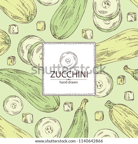 Background with zucchini: full zucchini, slice of zucchini, leaf. Vector hand drawn illustration.