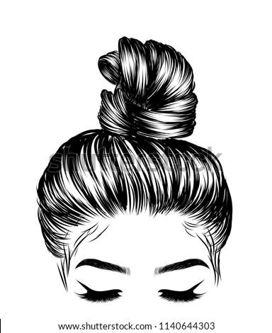 Woman with stylish classic bun with perfet eyebrow shaped and ful. Illustration of business hairstyle with natural long hair. Hand-drawn idea for gretting card, poster, flyers, web, print for t-shirt. Royalty-Free Stock Photo #1140644303