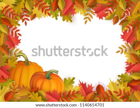 Autumn leaves and pumpkins border frame background with space text . Seasonal floral maple oak tree orange leaves with gourds for thanksgiving holiday, harvest decoration vector design.