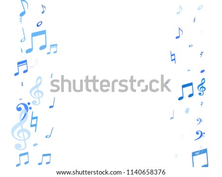 Blue flying musical notes isolated on white backdrop. Stylish musical notation symphony signs, notes for sound and tune music. Vector symbols for melody recording, prints and back layers.
