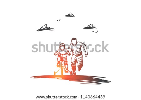 Father, day, family, child, happy concept. Hand drawn dad with son ride bicycles concept sketch. Isolated vector illustration.