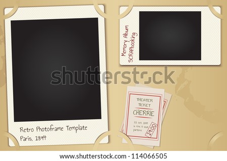 Scrapbooking page set - vector retro paper photo frames with background, theater tickets and coffee spots