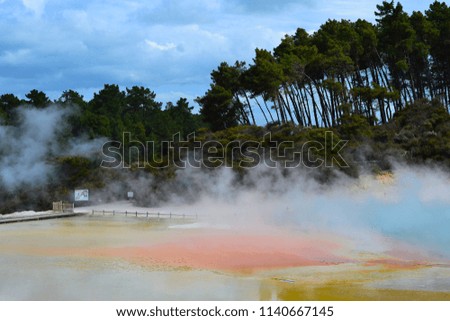 Travel New Zealand. View of active geothermal Champagne pool. Thermal hot boiling water. Tourist popular attraction in Waiotapu, Rotorua, North Island.