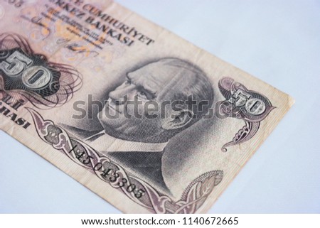 Old Turkish Money İsolated White Background. Old Turkey Money. Fifty Turkish Lira. Turkish old Money Picture.