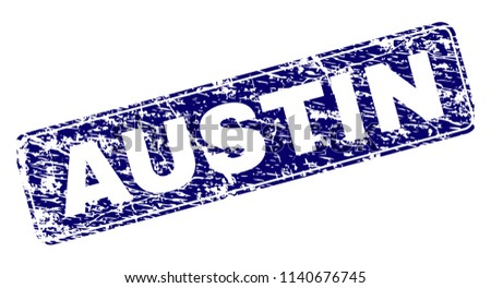 AUSTIN stamp seal print with grunge texture. Seal shape is a rounded rectangle with frame. Blue vector rubber print of AUSTIN tag with grunge texture.