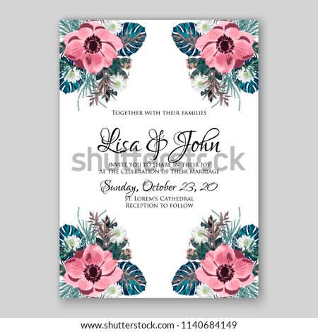 Floral wedding invitation or bridal shower card vector template peony anemone rose