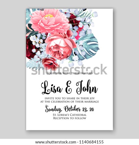 Floral wedding invitation or bridal shower card vector template pink fern palm leaves peony anemone rose watercolor