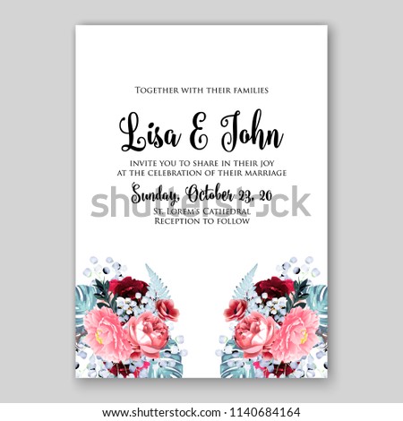 Floral wedding invitation or bridal shower card vector template pink fern palm leaves peony anemone rose watercolor