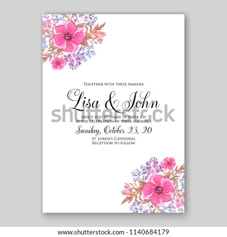 Floral pink wedding invitation or bridal shower card vector template peony anemone rose
