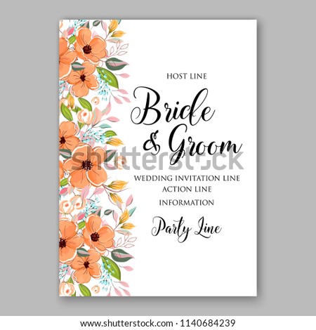 Floral peach orange anemone wedding invitation or bridal shower card vector template peony anemone rose