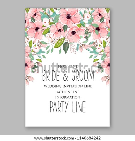 Floral pink anemone wedding invitation or bridal shower card vector template peony rose baby shower invitation