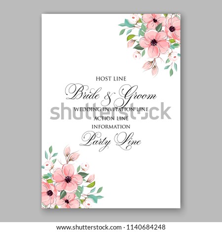 Floral pink anemone wedding invitation or bridal shower card vector template peony rose baby shower invitation